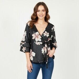 Gimmicks Floral Wrap Blouse Ruffle Sleeve Size Large‎ Metallic Black Romantic